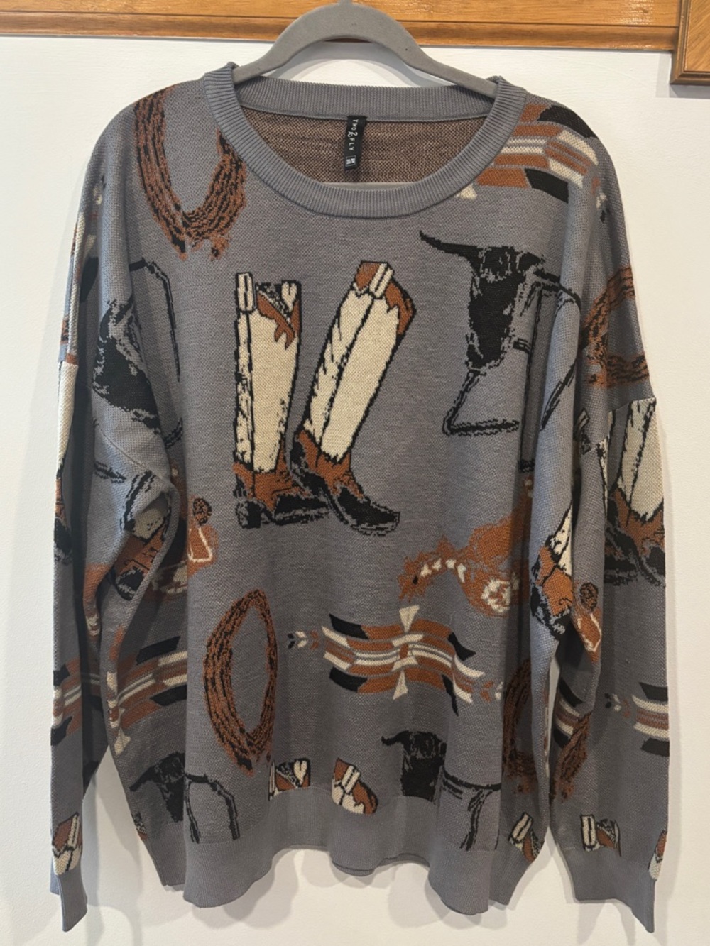 Two Fly Western Girl Motif Grey Knit Sweater - Size 2X/3X - Cowgirl Core